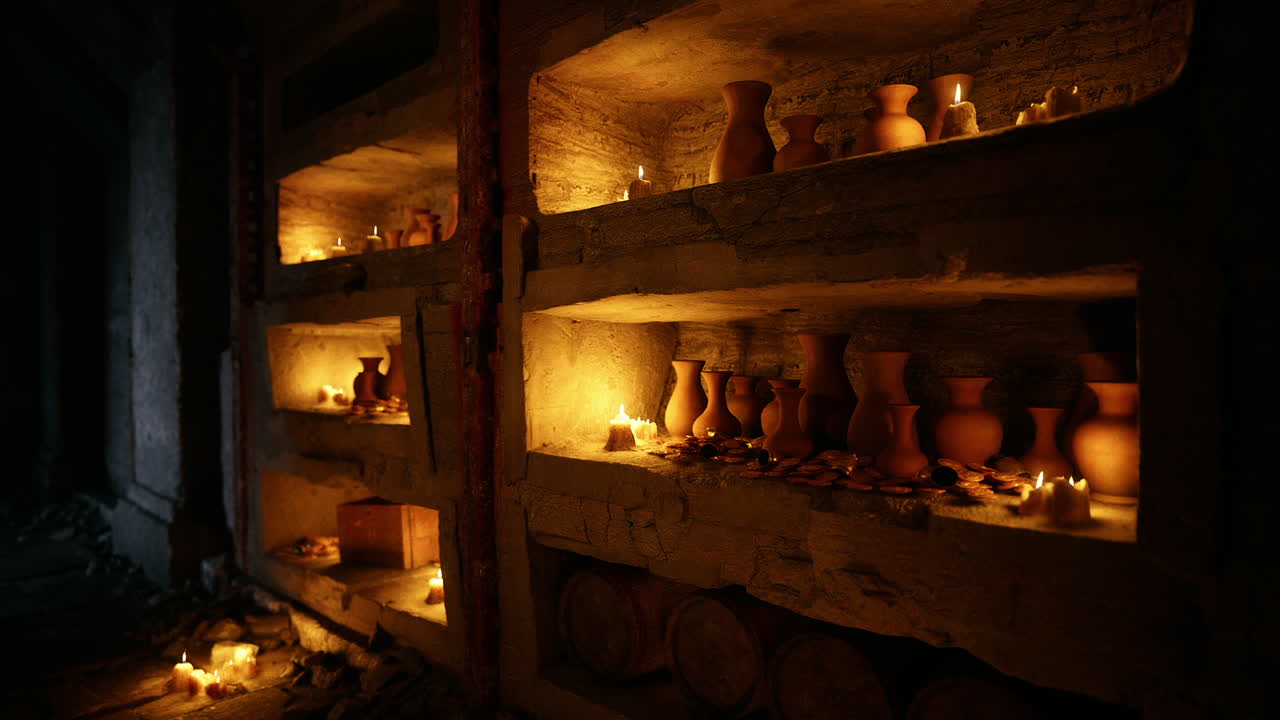 Ancient pottery collection illuminated by flickering candles in dark space
