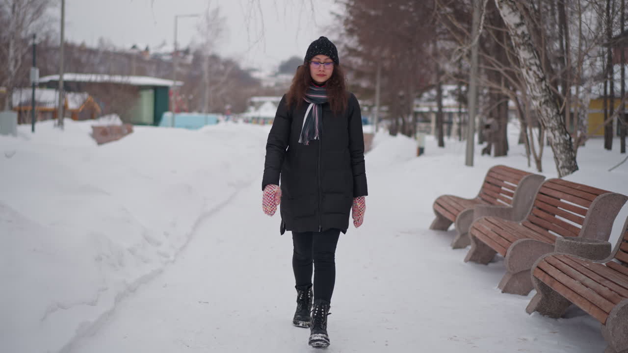 검은색 코트, 스카프, 모자, 장갑, 부츠를 신고 벤치, 나무가 있는 눈 덮인 겨울 공원을 걷는 여성, 추운 계절, 야외, 고독, 배경, 얼어붙은 길, 쌀쌀한 날씨, 흐린 하늘, 평화로운 분위기