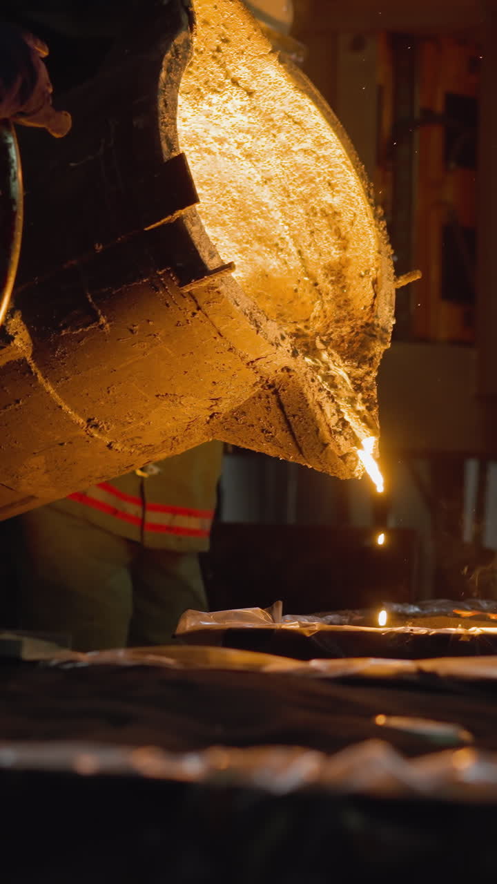 Foundry process with worker pouring liquid metal into molds, bright molten flow