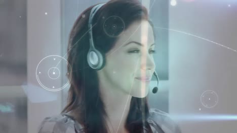 Animation-of-networks-of-connections-over-businesswoman-using-phone-headsets