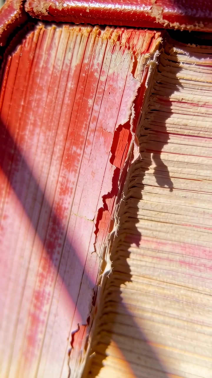 Vertical video: Moving camera filming painted red book spine flaking to document pages near window