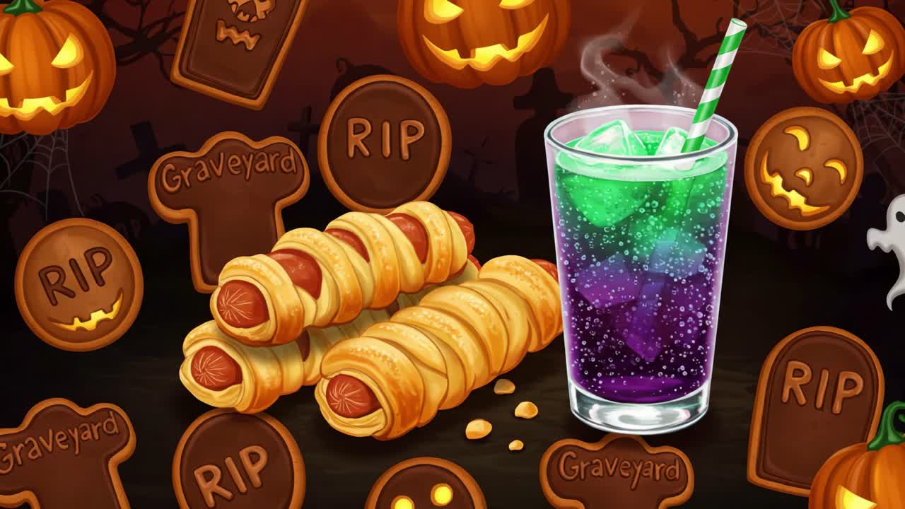 A Spooky Gathering Featuring Festive Halloween Treats: Delicious Sausage Rolls and Eerie Colored Drink Surrounded by Jack-o'-lanterns and Tombstones