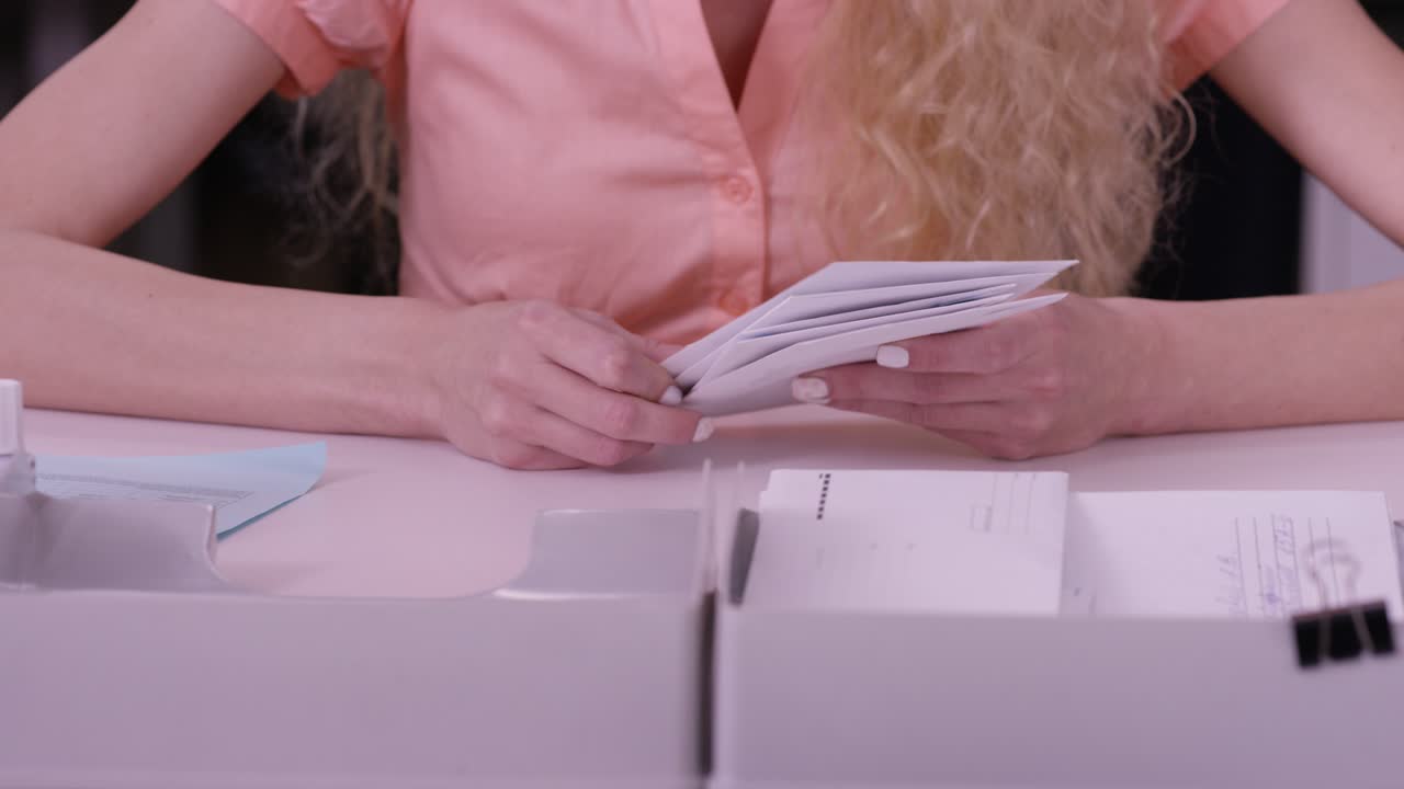 mujer clasificando documentos en el escritorio