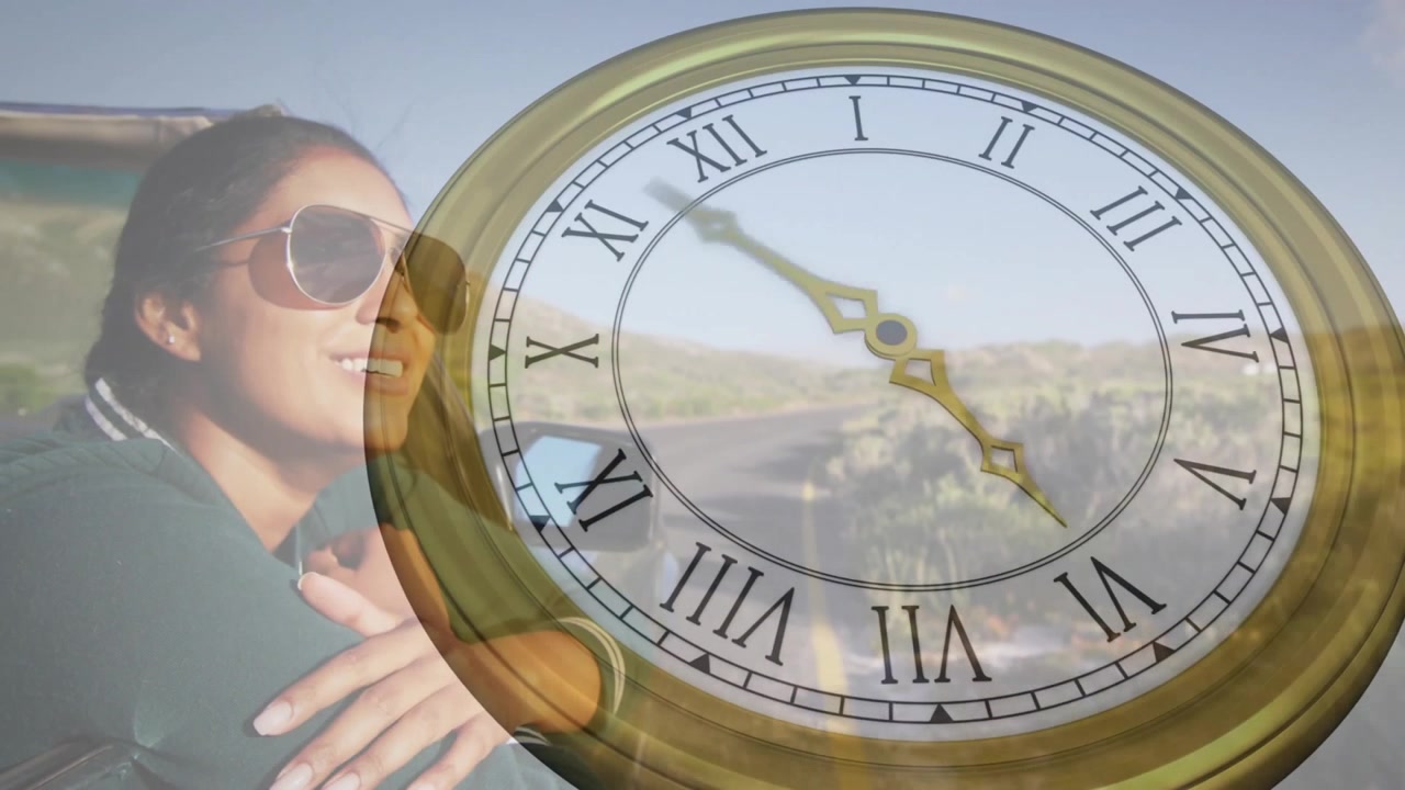 Automotive woman leaning window by desert road, clock appearing rotating guiding reflective gaze