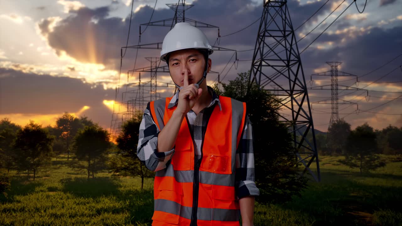 Engenheiro com colete de segurança fazendo gesto de silêncio perto de linhas de energia ao pôr do sol