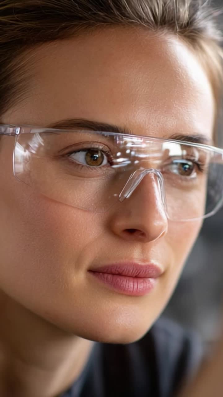 Close-up Portrait of a Woman Wearing Safety Glasses, Highlighting Her Focused Expression and Clear Vision in a Bright Workspace Environment