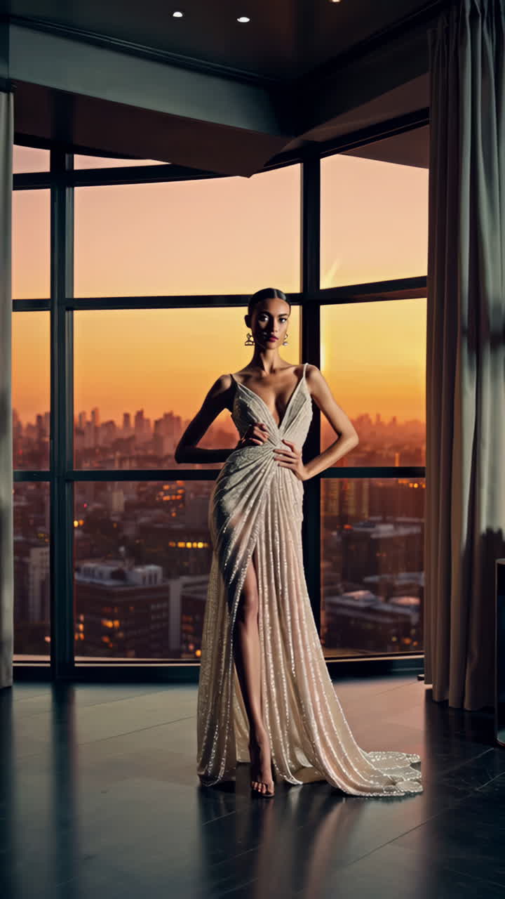 Elegant Woman in a Stunning Beige Dress with City Sunset View
