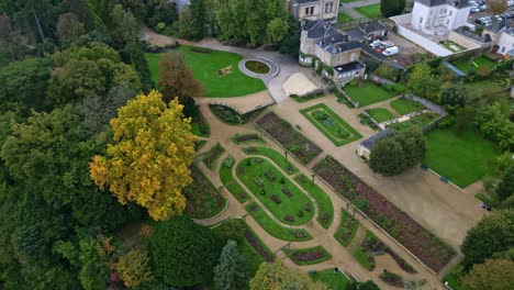 perrine garden, botanical park, laval in france. aerial drone top-down lateral