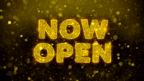 now open text on golden glitter shine particles animation.