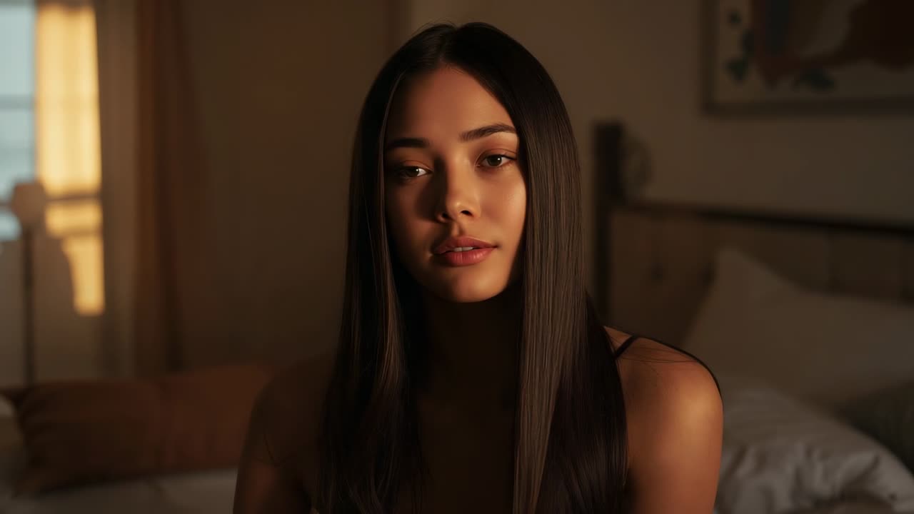 Telecamera che inizia a registrare, donna asiatica che sposta lo sguardo, che tiene i capelli sul letto, indossando un top a spalline sottili