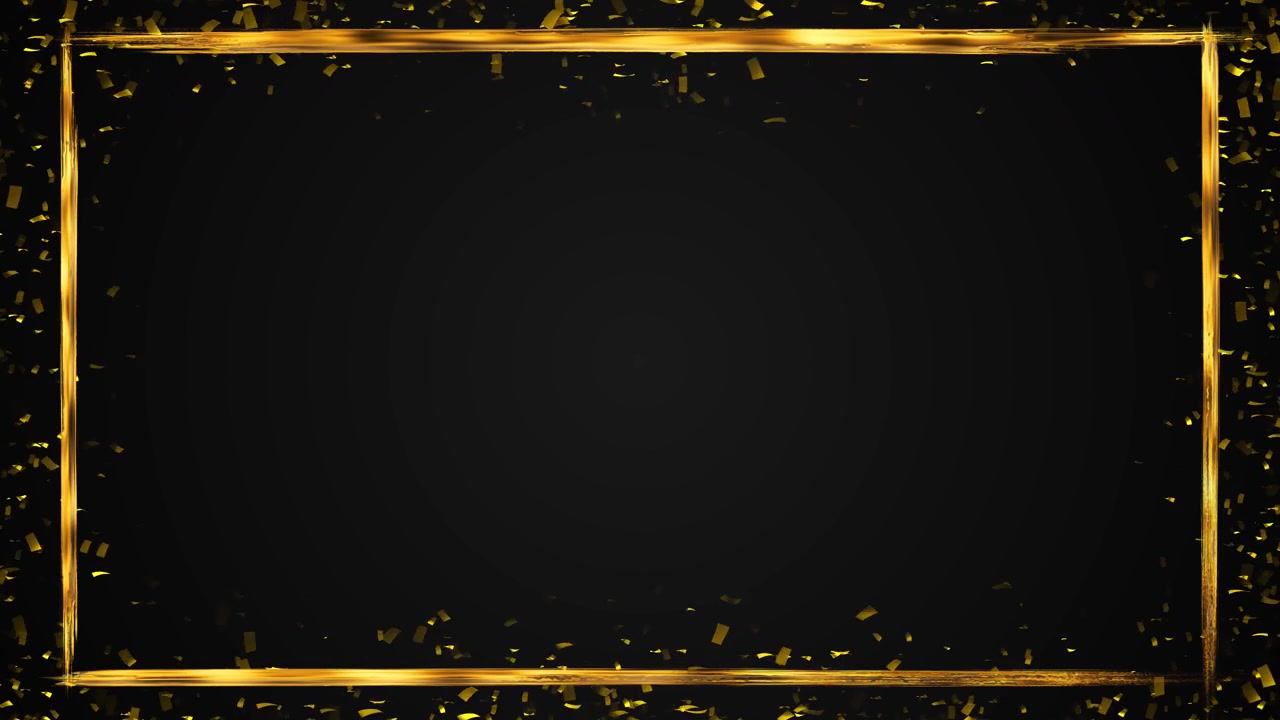Moldura premium de confete preto e dourado com bordas metálicas pintadas, confetes caindo e espaço central limpo