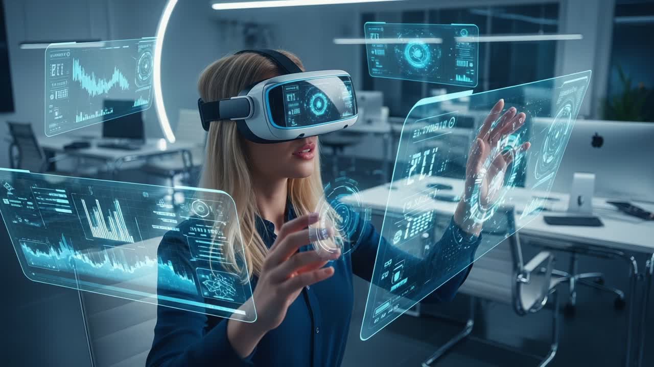 Exploring the Future: A Woman Engaged in Virtual Reality Interactions with Holographic Displays in a Modern Office Environment