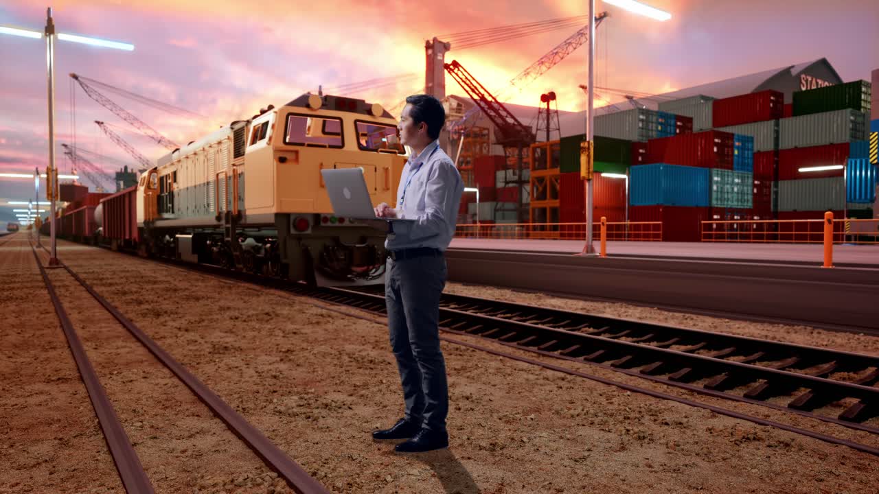 Full Body Side View Of Asian Male Professional Worker With Freight Cargo Train At Port, Observes By Looking Up Before He Come To Concentrating On The Laptop