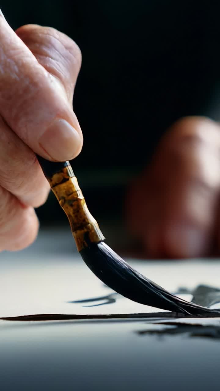 Artistic Expression: Hand with Brush Capturing Fluid Movement in Ink on Paper, Showcasing the Craftsmanship of Traditional Calligraphy Techniques