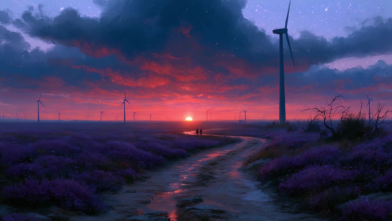 Un Paesaggio Sereno al Crepuscolo con Turbine Eoliche e Vivaci Fiori Viola, che Evidenzia la Calma Bellezza della Natura Mentre il Sole Tramonta all'Orizzonte