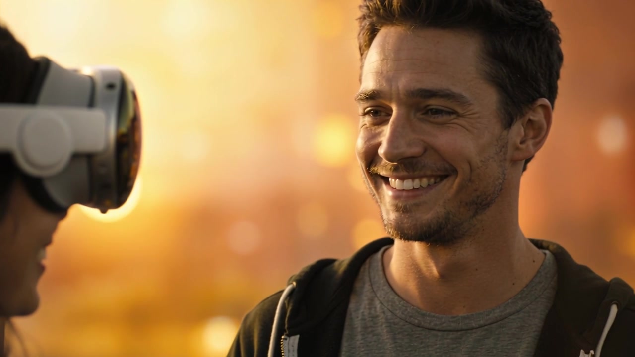 Hombre sonriente que mantiene la mirada mientras comienza una sesión de realidad virtual, conectándose con su pareja, con auriculares, sudadera con capucha y un conjunto abrigado.