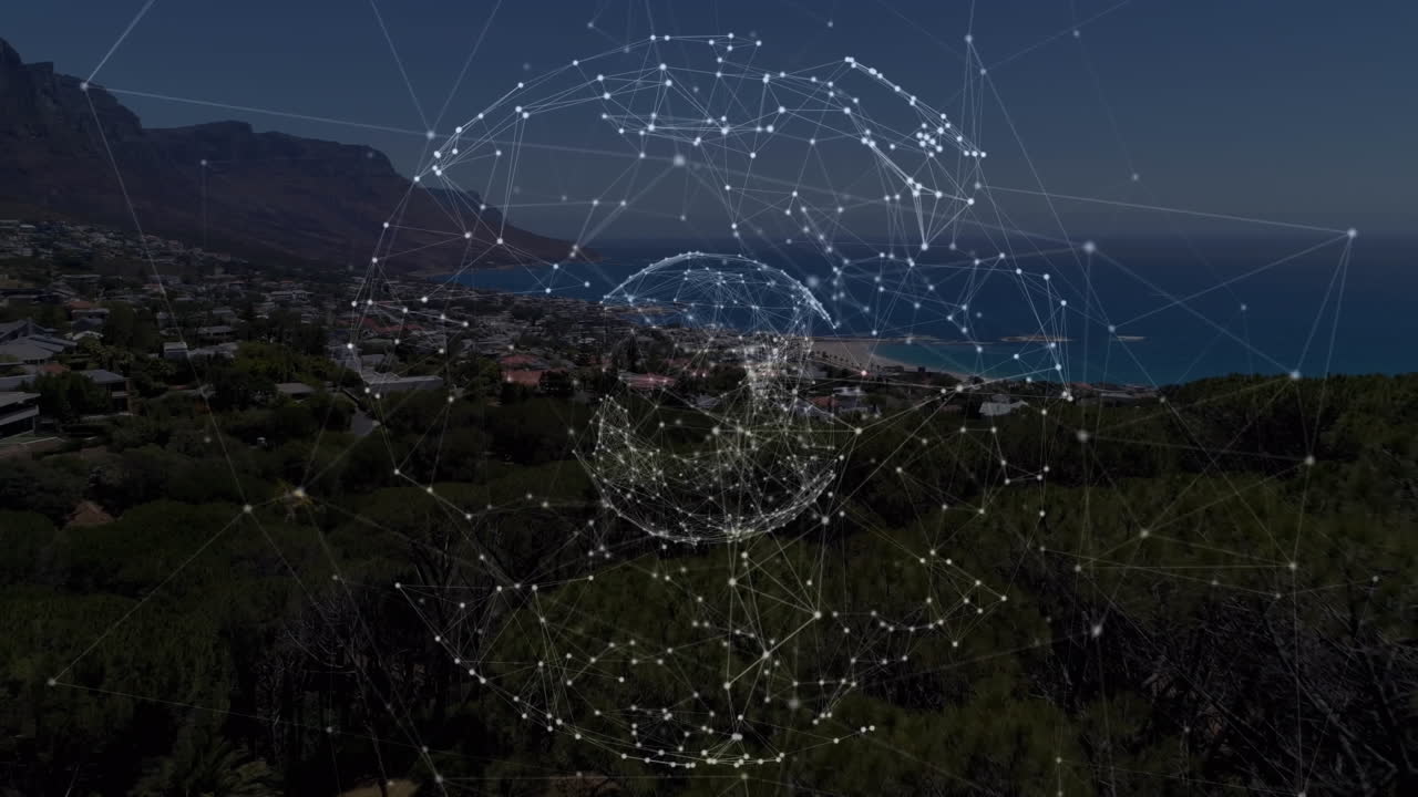 animación de redes de conexiones con el globo sobre el paisaje