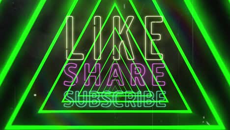 animation of like, share, subscribe and neon triangles on black background