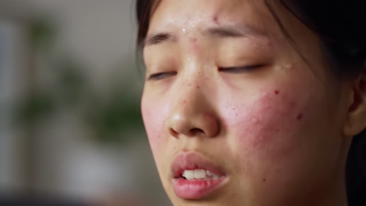 A young woman with a worried expression sits indoors, revealing signs of distress. Her skin reflects health struggles as she appears deep in thought, conveying a sense of vulnerability and emotion.