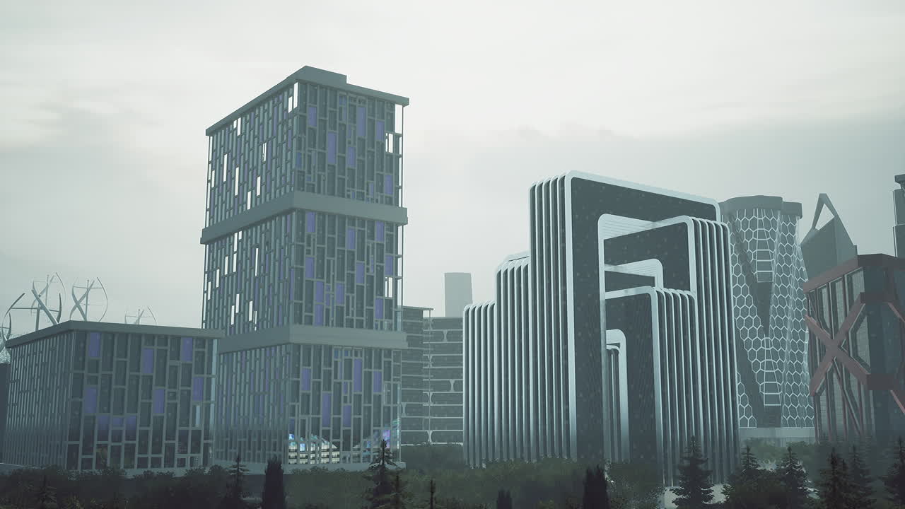 Futuristic cityscape with tall buildings and trees