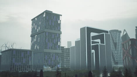 futuristic cityscape with tall buildings and trees