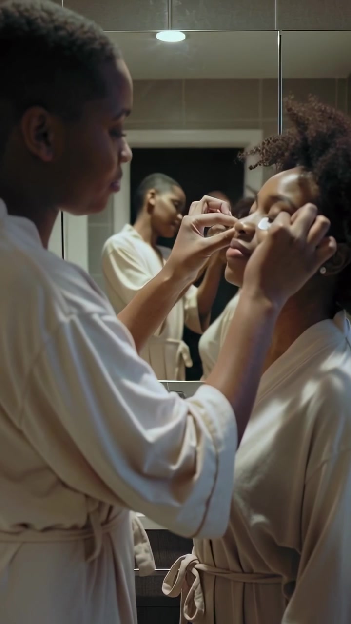 Vertical video: Reaching taller woman placing eye patches at vanity mirror for skin care in robes