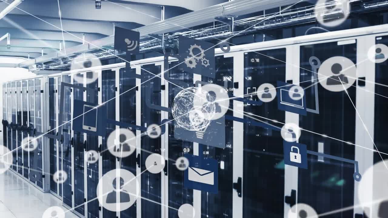 animación de la red de conexiones con iconos y procesamiento de datos sobre la sala de servidores