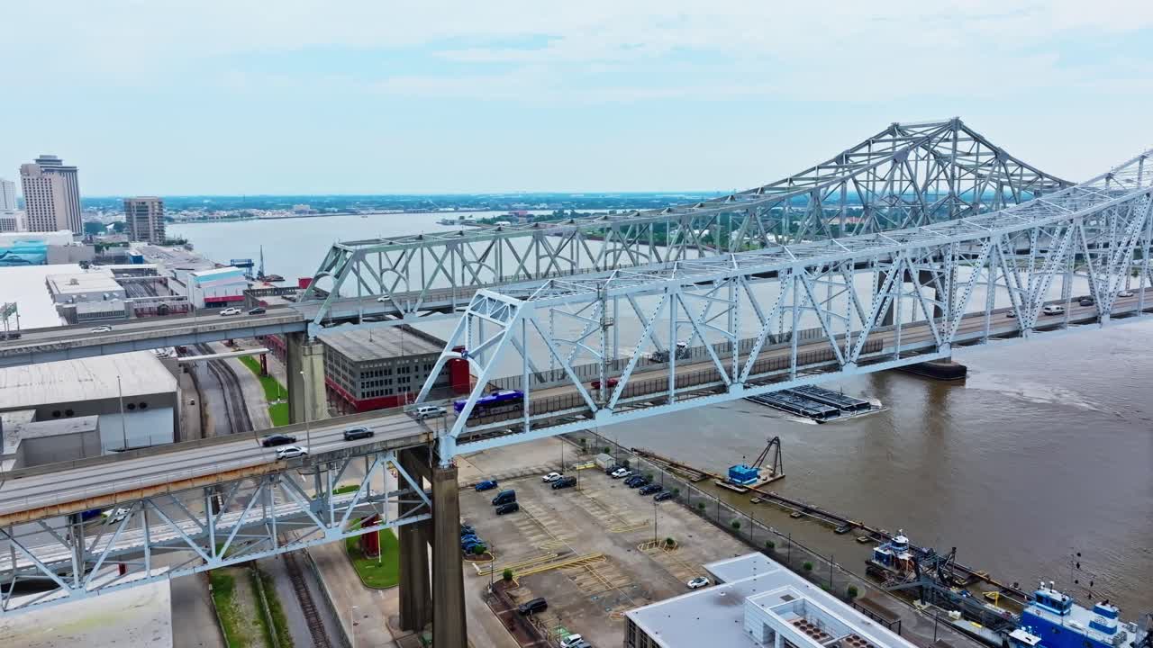 Crescent City Connection, Pair Of Cantilever Bridges Spanning Mississippi River In New Orleans, Louisiana, USA. - aerial shot