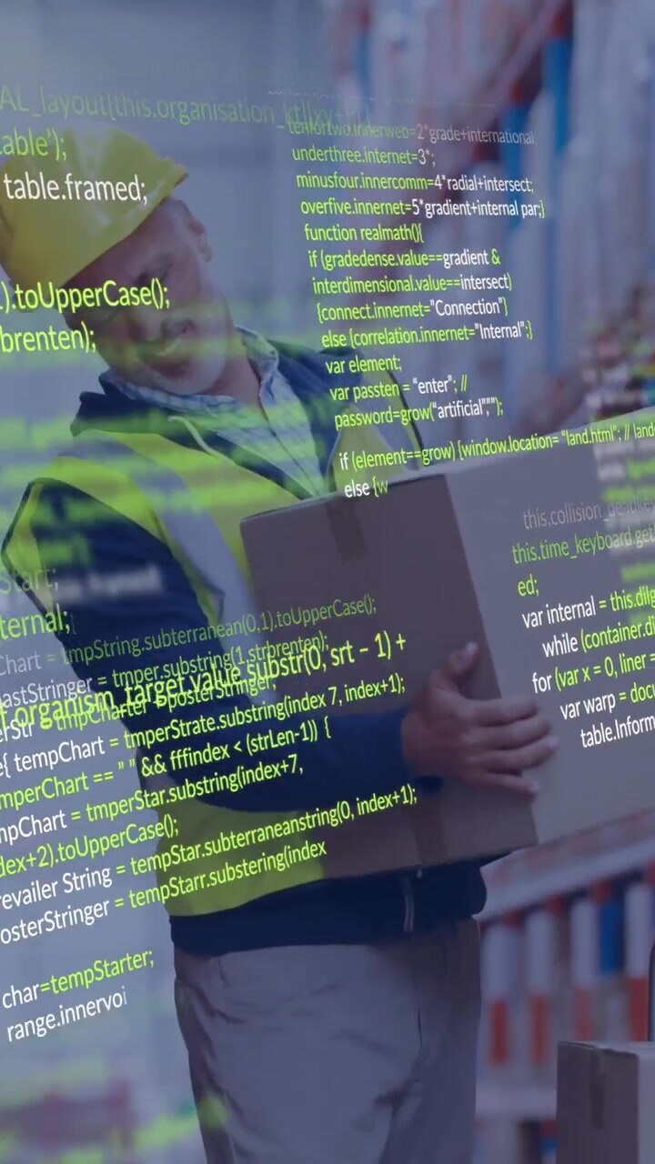 Animation af databehandling over kaukasisk mand, der arbejder på lager