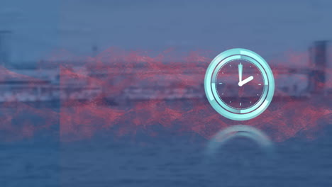 animation of clock and red wave over cityscape