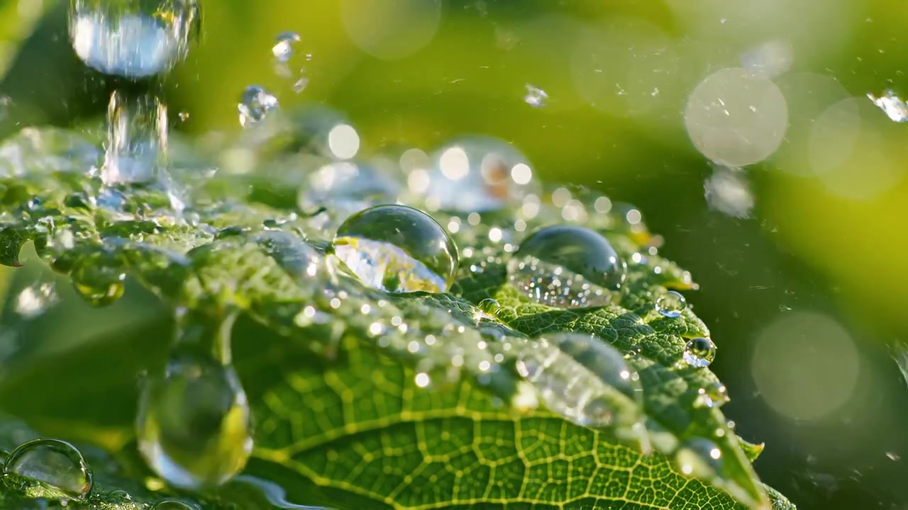 Macro shot of sparkling dew drops on green leaf