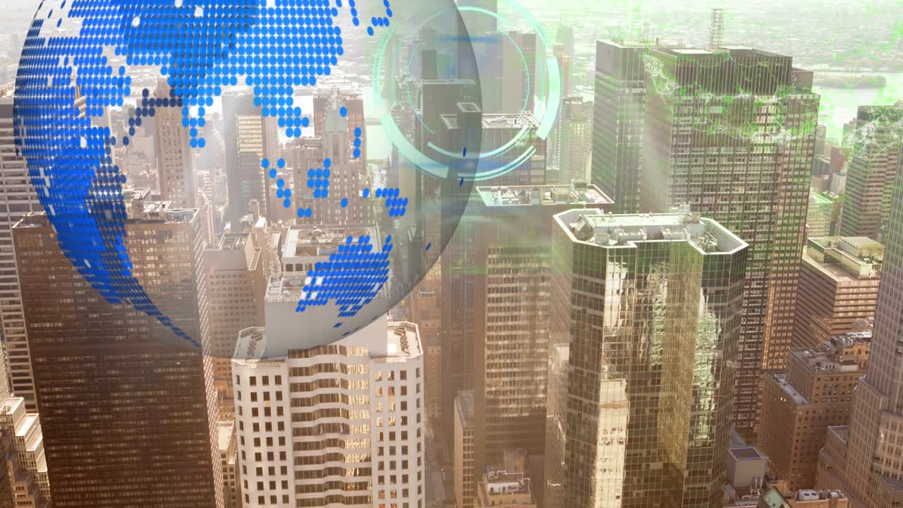 animación del cerebro digital, relojes en movimiento y globo sobre el paisaje urbano