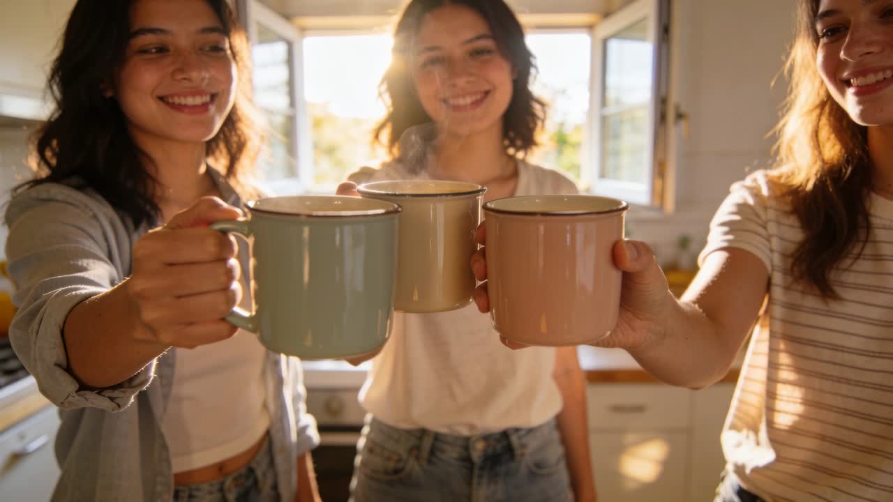 Three women raising pastel mugs in sunlit kitchen on cue, aligning steam and toasting for lifestyle