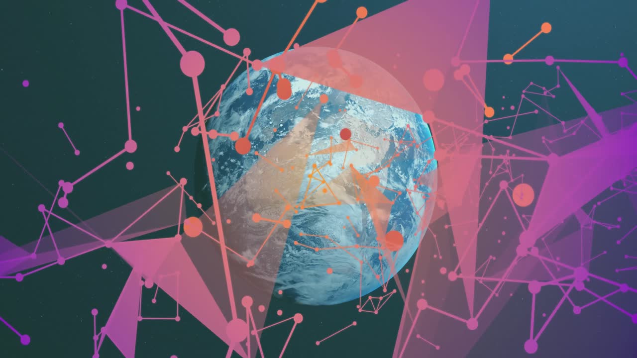 red de comunicación rosada y naranja moviéndose sobre el planeta tierra en el espacio.