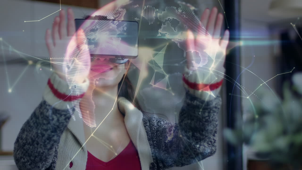 animación de la red de conexiones sobre la mujer caucásica usando auriculares vr