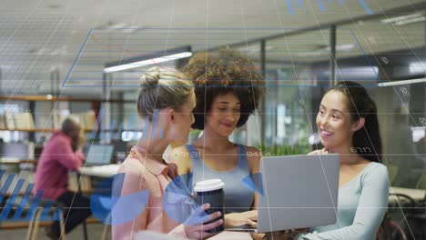 Animation-of-statistical-data-processing-over-three-diverse-women-discussing-over-a-laptop-at-office