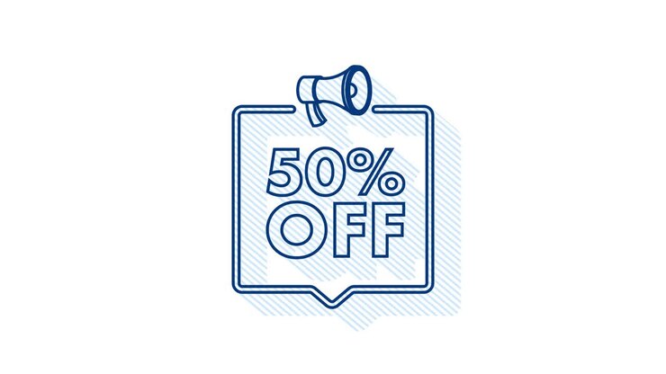 Banner di sconto del 50% con megafono. Cartellino prezzo offerta sconto. Promozione sconto del 50%. Icona ombra. Grafica in movimento