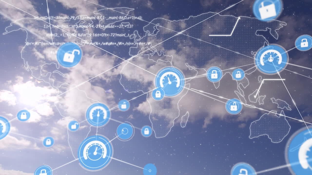 디지털 아이콘이 하늘에서 세계 지도에 대해 움직이고 있습니다.