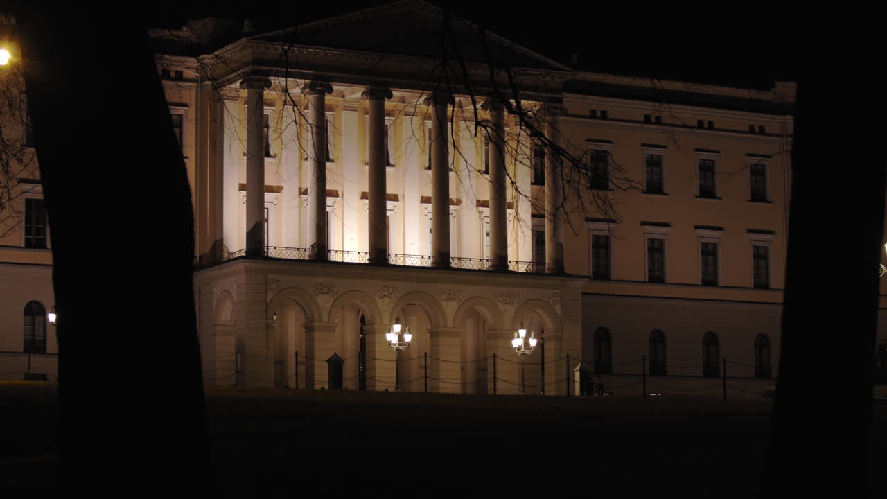 Cinematic slow motion close-up to wide 4K shot of dark trees and branches moving in parallax motion in front of illuminated Norwegian Royal Palace building, at night in Oslo Norway