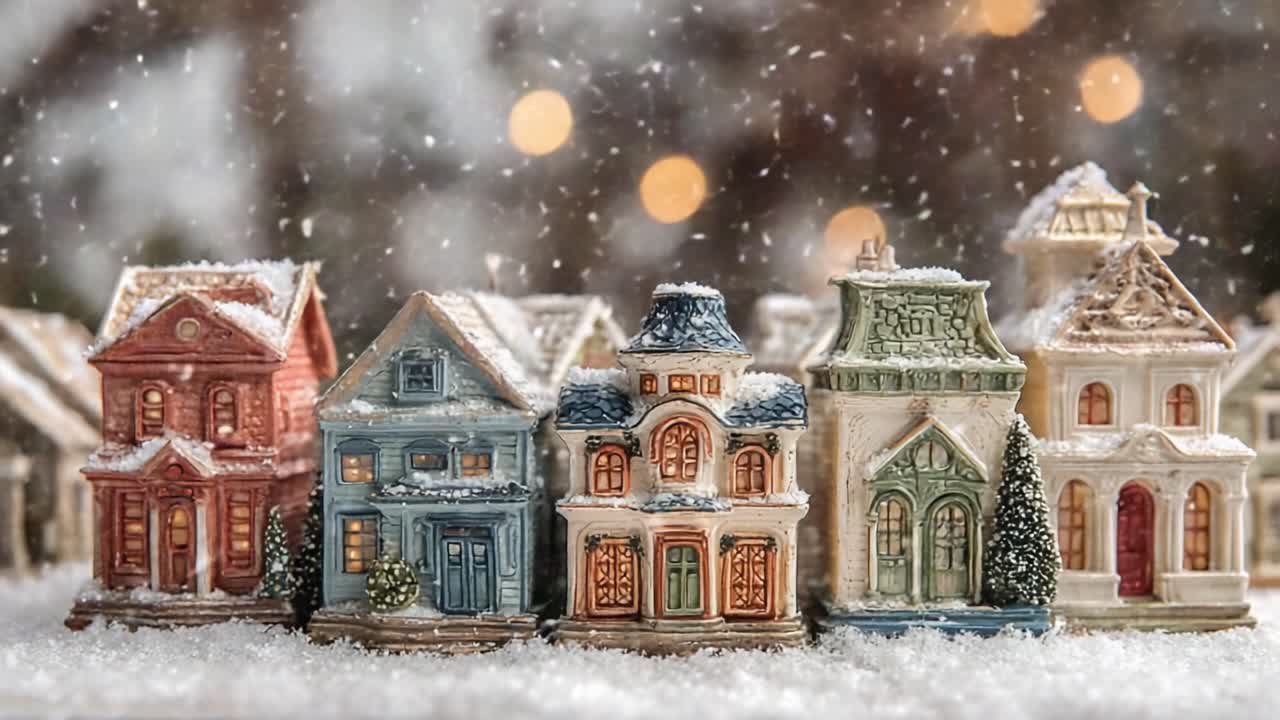 Charming Winter Scene Featuring Delightful Miniature Houses Covered in Snow, Perfectly Capturing the Spirit of the Holiday Season with Glowing Lights and Timeless Elegance