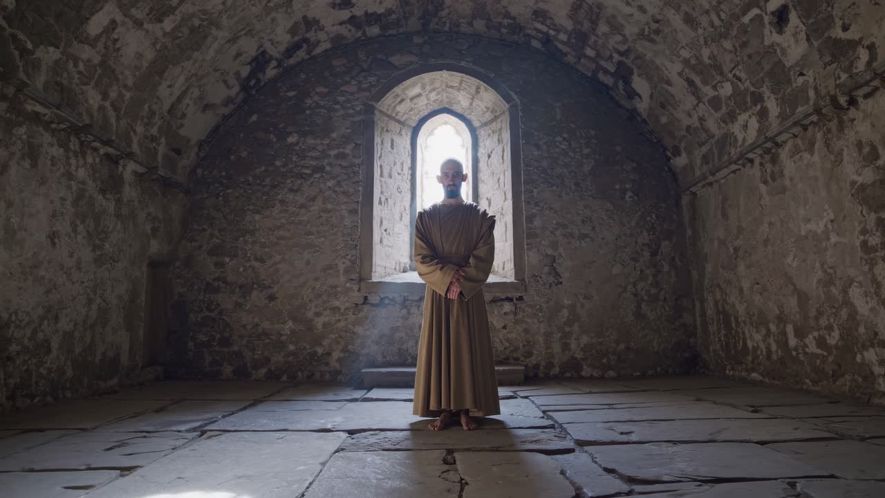 Monk standing in an ancient chapel with weathered stone walls, sunlight streaming through a window, creating a serene and spiritual atmosphere perfect for deep prayer and contemplation
