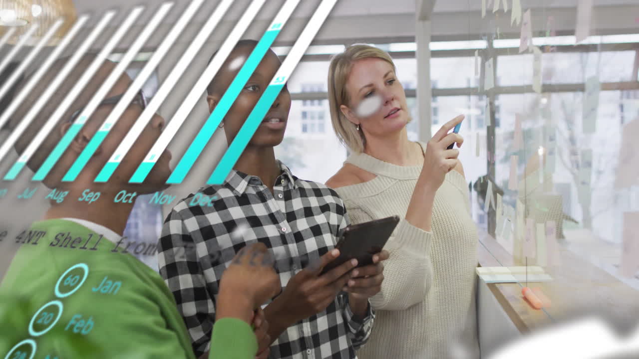 In office, business team collaborating on animation and digital data visualization