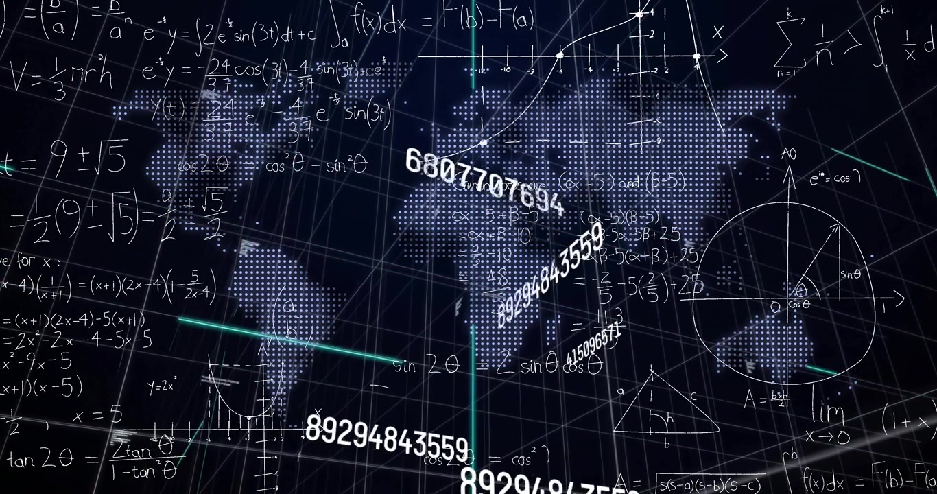 Upon starting dotted world map floating numeric strings updating over dark grid showing formulas