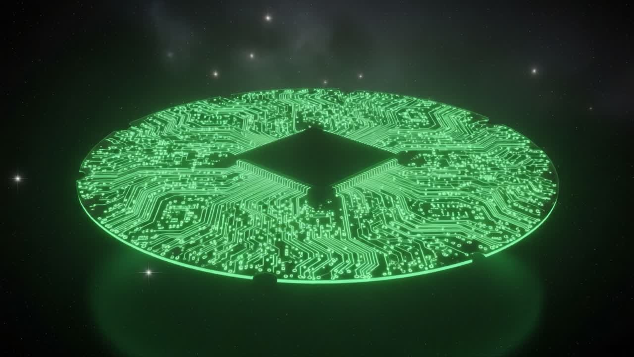 A Futuristic Green Circuit Board Floating in Space, Showcasing Intricate Patterns and Advanced Technology in an Ethereal Cosmic Environment