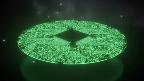 a futuristic green circuit board floating in space, showcasing intricate patterns and advanced technology in an ethereal cosmic environment