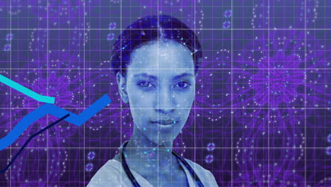 gráficos azules que se mueven sobre profesionales de la salud femeninas contra un fondo caleidoscópico
