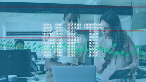 Animation of data processing and nft text over diverse business people in office