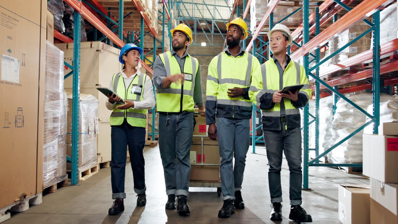 Warehouse Workers in Safety Gear Inspecting Inventory