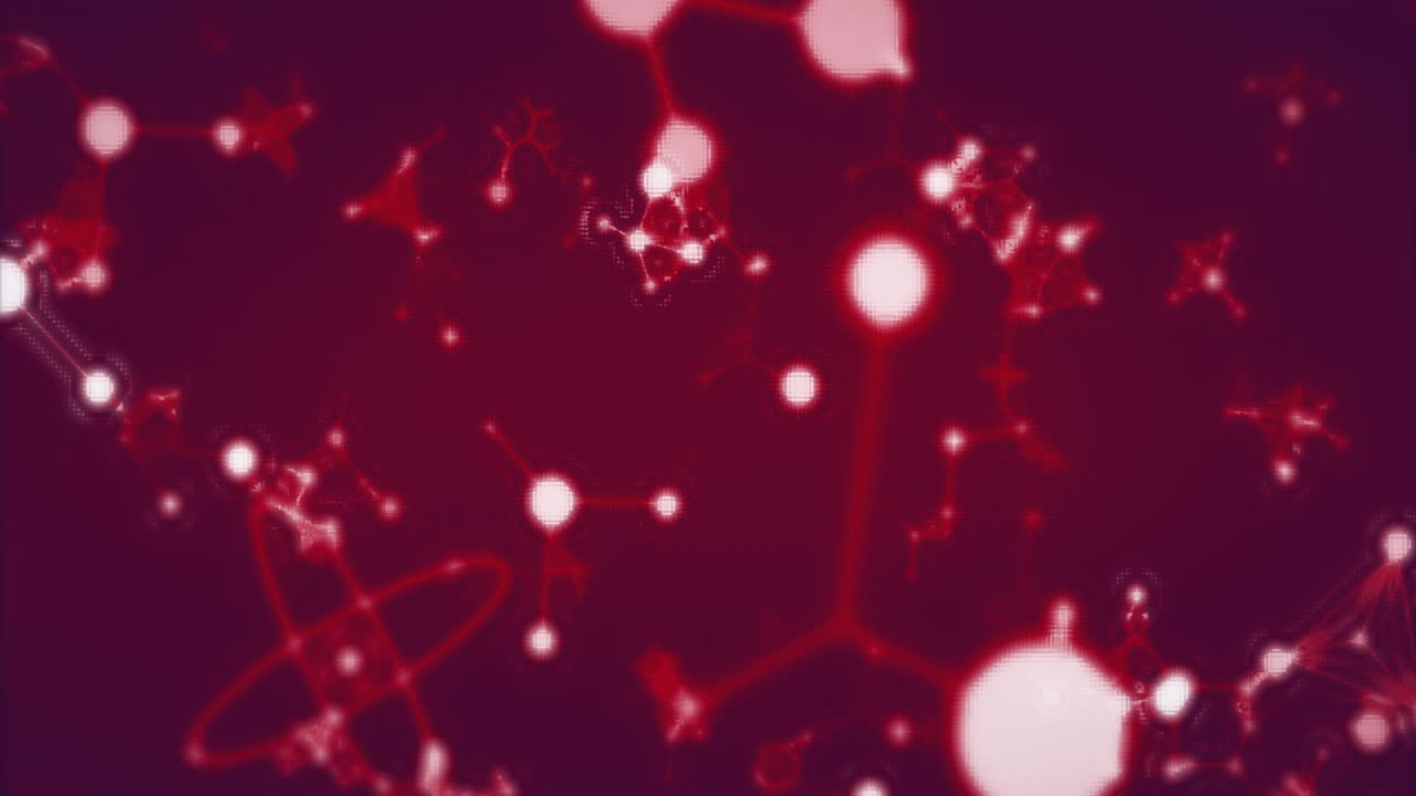 Molecular structures and chemical bonds animation over red background