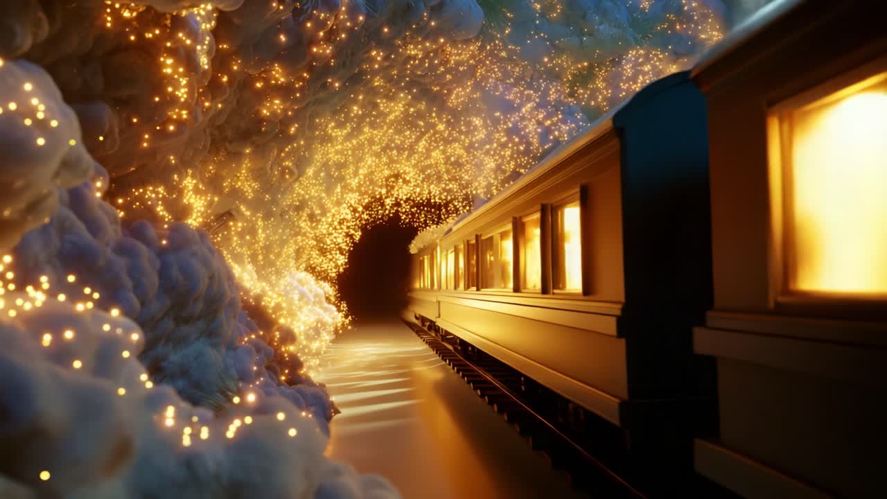 A breathtaking journey through a magical tunnel adorned with ethereal lights and swirling clouds, as a vintage train glides gracefully along the railway in a captivating fantasy realm that ignites the imagination